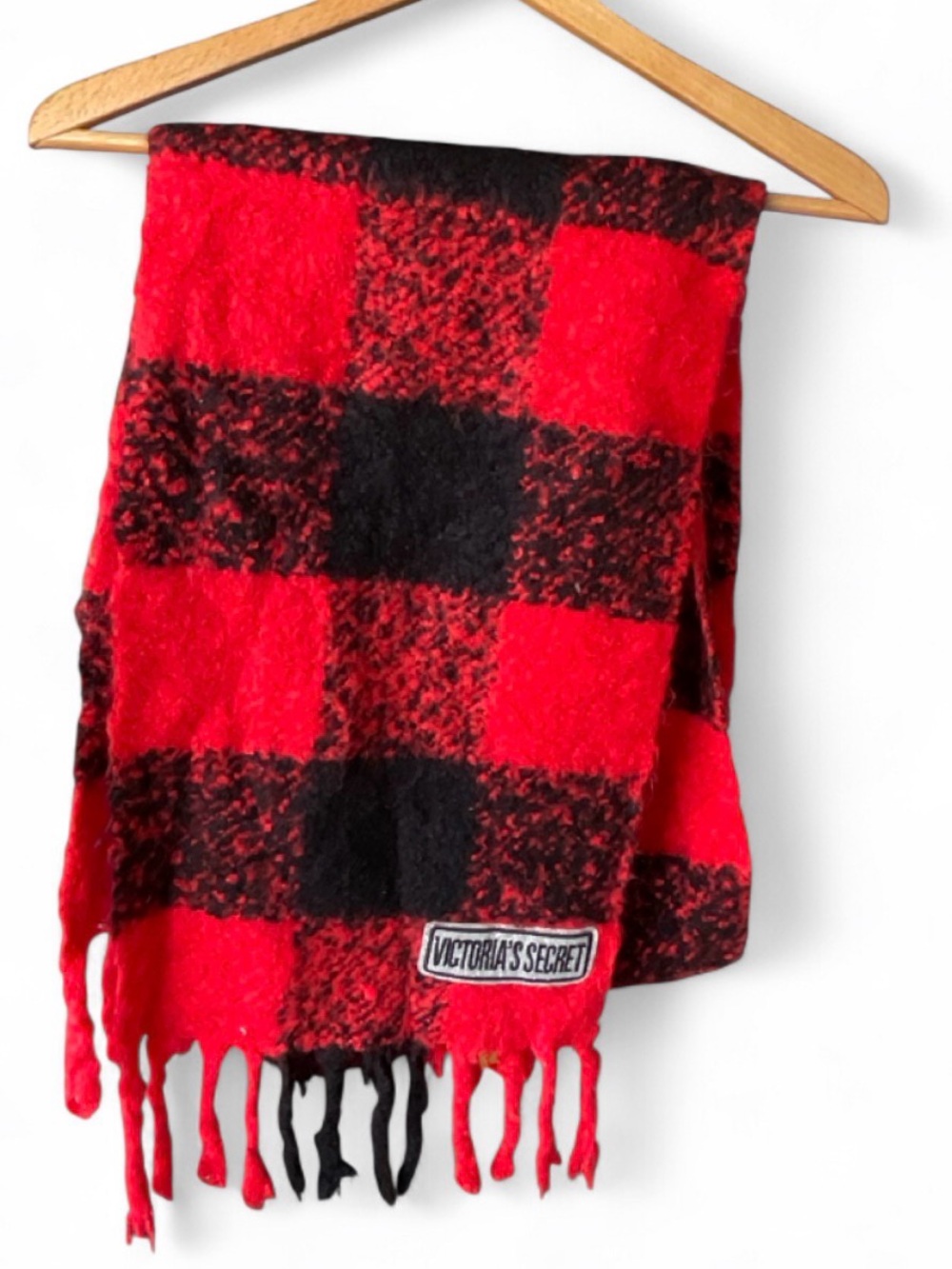 Victoria's Secret Red Black Plaid Checker Scarf Fuzzy Fringe Glitter Logo Womens